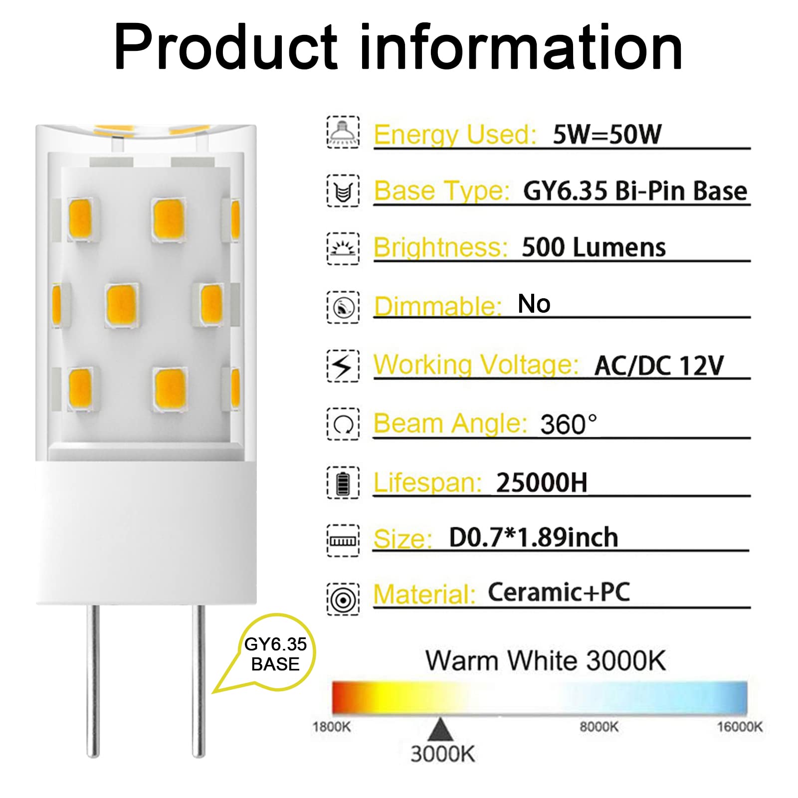 TAIYALOO GY6.35 LED Bulb 5W Equivalent to 50W Bi-pin Base Halogen Bulb, AC/DC 12V Warm White 3000K for Pendant Light, Chandelier, Desk Light, Accent Lights, Landscape Lighting, Non-Dimmable (4 Pack)