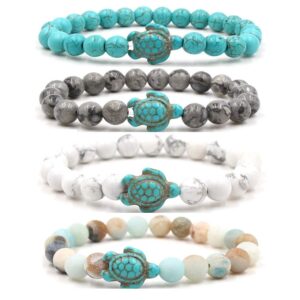 Caiyao 8mm Sea Turtles Beads Bracelet Turquoise Natutal Stone Elastic Stretch Bracelet for Women Men (4pcs)