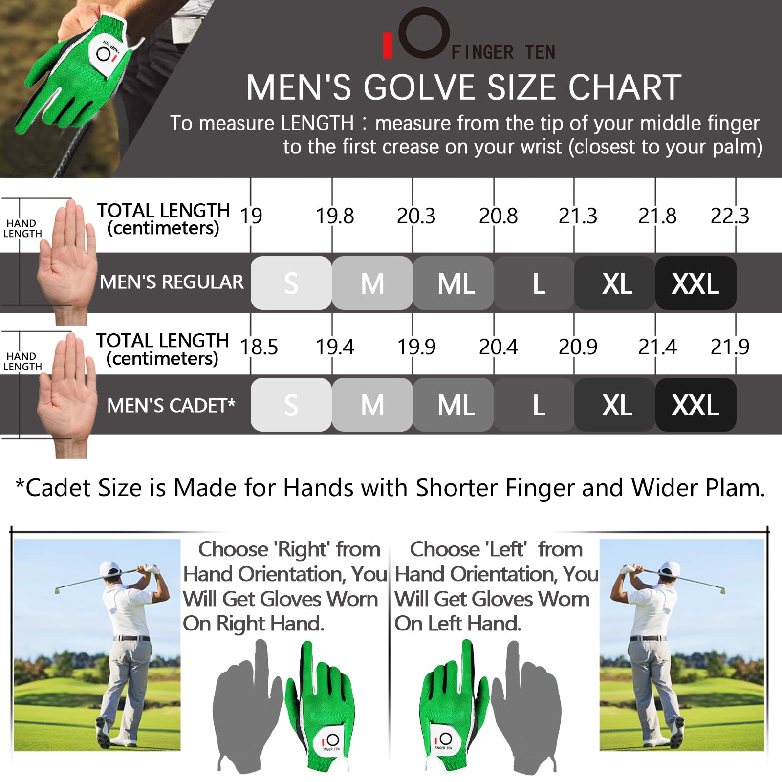 Amy Sport Mens Golf Gloves Pair Both Hands Left and Right Rain Grip Weathersof No Sweat All Weather Grips Soft Comfortable Breathable (Green, Large)