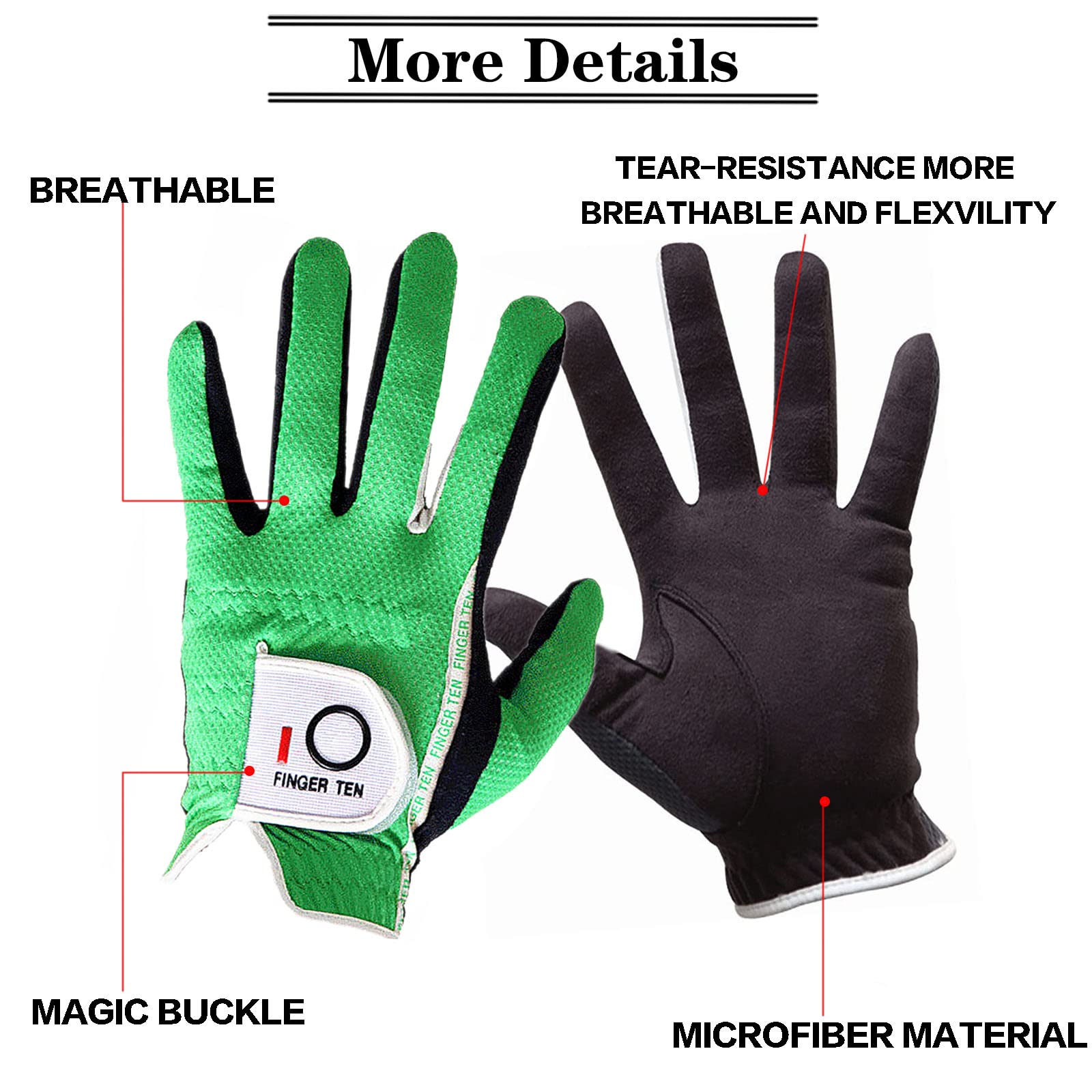 Amy Sport Mens Golf Gloves Pair Both Hands Left and Right Rain Grip Weathersof No Sweat All Weather Grips Soft Comfortable Breathable (Green, Large)