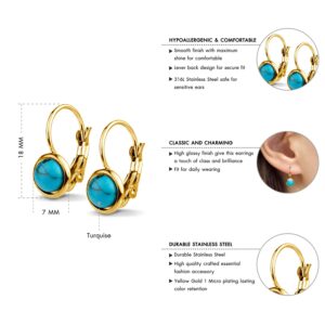 555Jewelry Womens Stainless Steel Stone Marble Round Circle Vintage Genuine Delicate Cut Classic Leverback Findings Finish Fashion Accessories Jewelry Earring, Yellow Gold & Turquoise