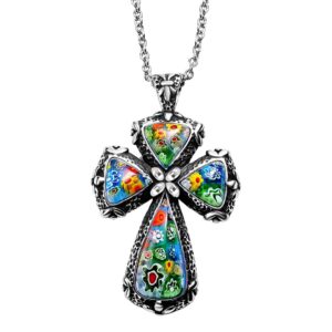 Shop LC Colorful Rainbow Cross Necklace for Women Christian Jewelry Black Oxidized Murano Style Millefiori Glass Flower Enameled Stainless Steel Chain Size 20" Catholic Faith Religious Birthday Gifts