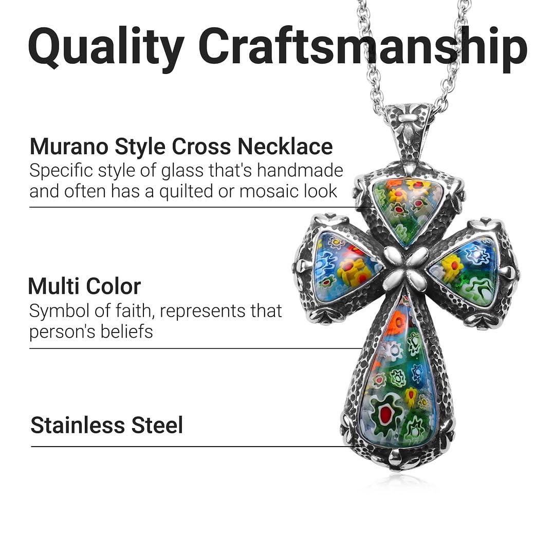 Shop LC Colorful Rainbow Cross Necklace for Women Christian Jewelry Black Oxidized Murano Style Millefiori Glass Flower Enameled Stainless Steel Chain Size 20" Catholic Faith Religious Birthday Gifts