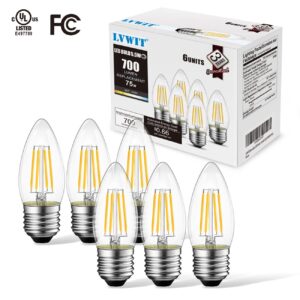 LVWIT Dimmable LED Candelabra Bulbs B11 Filament Bulb E26 Base 5.5W(75W Equivalent) 2700K Warm White Chandelier Decorative Candle Light Bulb 6 Pack