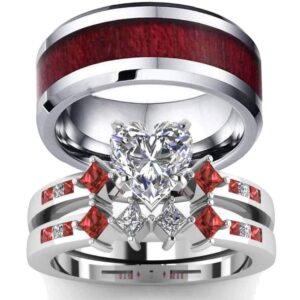 ringheart Couple Rings White Gold Filled Heart Stone Red Cz Womens Wedding Ring Sets Wood grain Man Tungsten Wedding Band