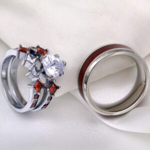 ringheart Couple Rings White Gold Filled Heart Stone Red Cz Womens Wedding Ring Sets Wood grain Man Tungsten Wedding Band