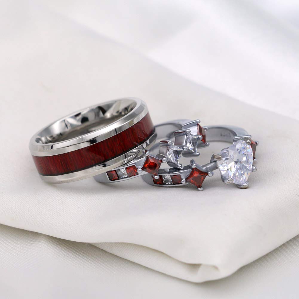 ringheart Couple Rings White Gold Filled Heart Stone Red Cz Womens Wedding Ring Sets Wood grain Man Tungsten Wedding Band