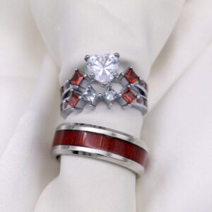 ringheart Couple Rings White Gold Filled Heart Stone Red Cz Womens Wedding Ring Sets Wood grain Man Tungsten Wedding Band