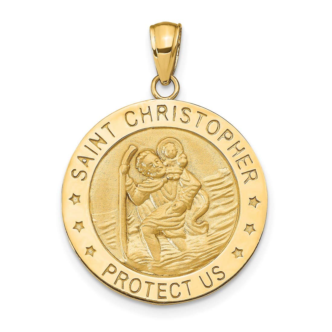 Jewelry Stores Network Saint Christopher Protect Us Words On Solid Quarter Size Round Medal Pendant in Real 14k Yellow Gold 23mm