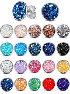 yaomiao 20 pairs round stud earrings stainless steel druzy stud earrings set anti sensitive fits women men birthday gift(8 mm)