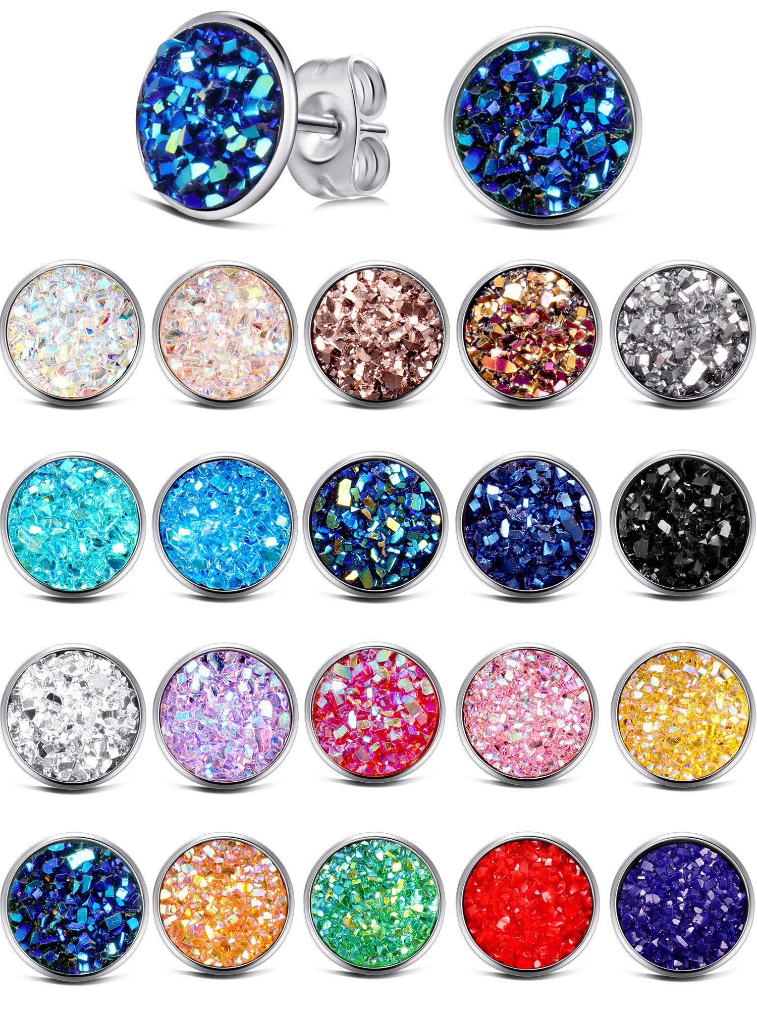 Yaomiao 20 Pairs Round Stud Earrings Stainless Steel Druzy Stud Earrings Set Anti Sensitive Fits Women Men Birthday Gift(8 mm)