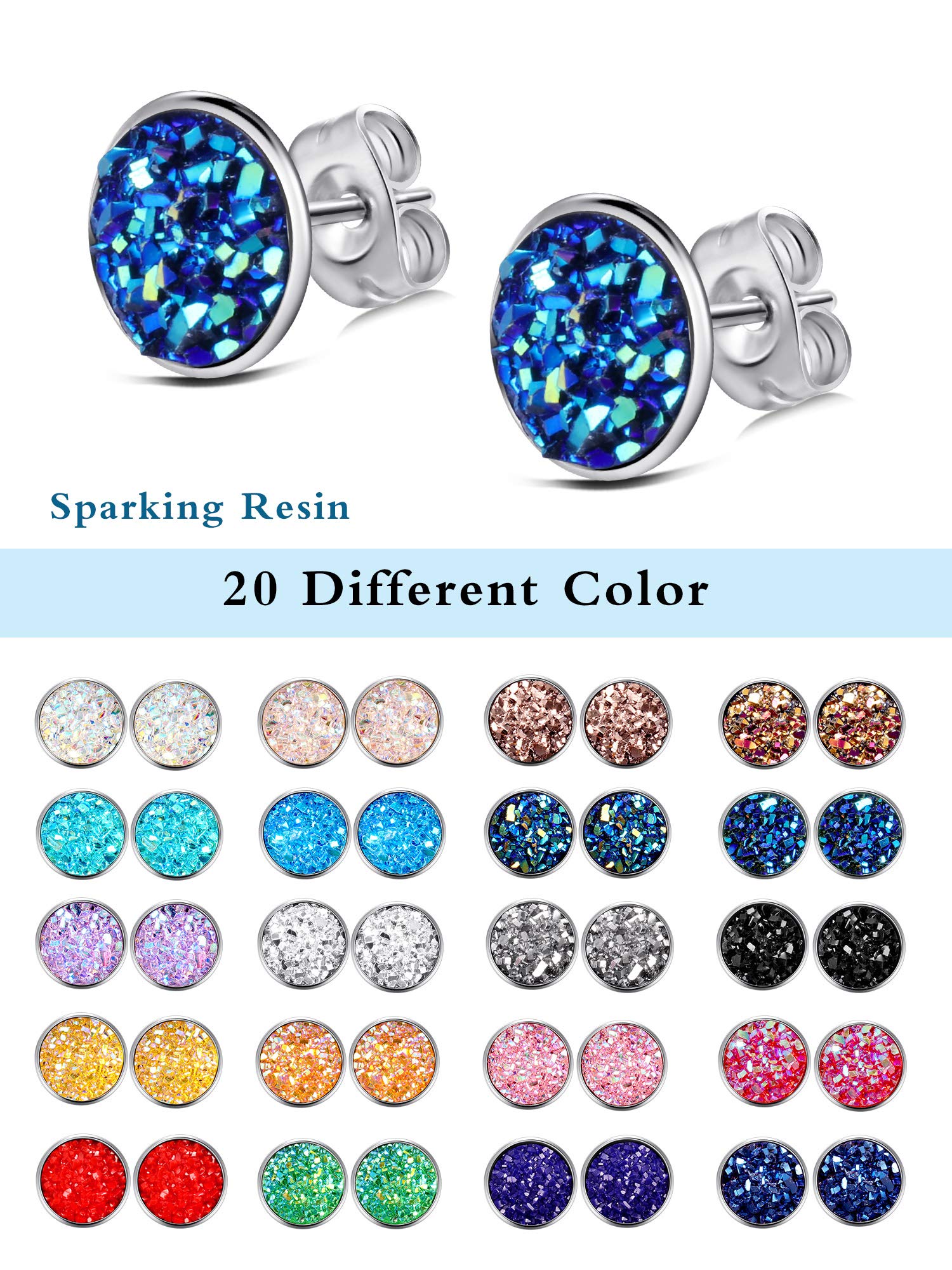 Yaomiao 20 Pairs Round Stud Earrings Stainless Steel Druzy Stud Earrings Set Anti Sensitive Fits Women Men Birthday Gift(8 mm)