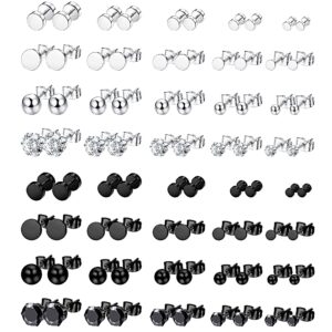 loyallook 40pairs silver black tone stainless steel stud earring for men women cz round ball earring piercing set,2-6mm