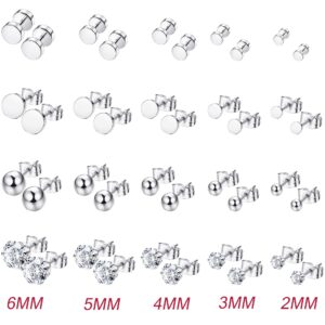 LOYALLOOK 40Pairs Silver Black Tone Stainless Steel Stud Earring for Men Women CZ Round Ball Earring Piercing Set,2-6mm