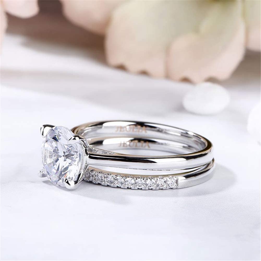 Jeulia 3.5ct Sterling Silver Wedding Ring Bridal Sets Classic Round Cut Anniversary Promise Jewelry with 0.35 ct Side Stone Brilliant Solitaire Band for Her with Gift Box (White, 9.5)