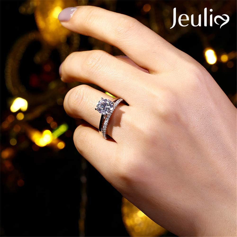 Jeulia 3.5ct Sterling Silver Wedding Ring Bridal Sets Classic Round Cut Anniversary Promise Jewelry with 0.35 ct Side Stone Brilliant Solitaire Band for Her with Gift Box (White, 9.5)