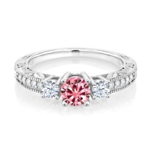 Gem Stone King 925 Sterling Silver Round Pink Moissanite and White Created Sapphire 3 Stone Women Ring (0.89 Cttw, Available In Size 5, 6, 7, 8, 9)