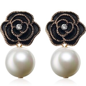 Fashion Designer Imitation Pearl Black Camellia Floral Charm Dangle Drop Earrings Studs For Women (Black)