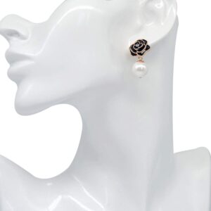 Fashion Designer Imitation Pearl Black Camellia Floral Charm Dangle Drop Earrings Studs For Women (Black)