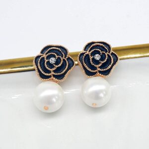 Fashion Designer Imitation Pearl Black Camellia Floral Charm Dangle Drop Earrings Studs For Women (Black)