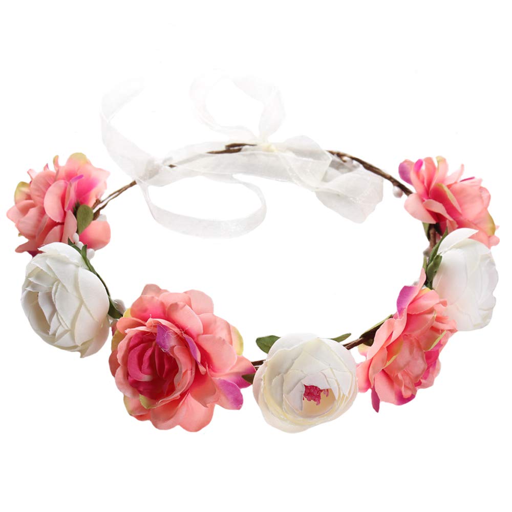 Flower Crown Headband Rose Wreath Garland Hair Bands Floral Wedding Bridal Hair Hoop Women Ladies Leaf Ribbon Party Decoration Headdress Headwear Christmas Handmade Headpiece Hair Accessories Hot Pink