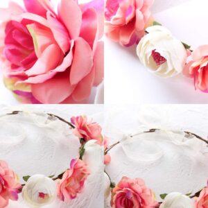 Flower Crown Headband Rose Wreath Garland Hair Bands Floral Wedding Bridal Hair Hoop Women Ladies Leaf Ribbon Party Decoration Headdress Headwear Christmas Handmade Headpiece Hair Accessories Hot Pink