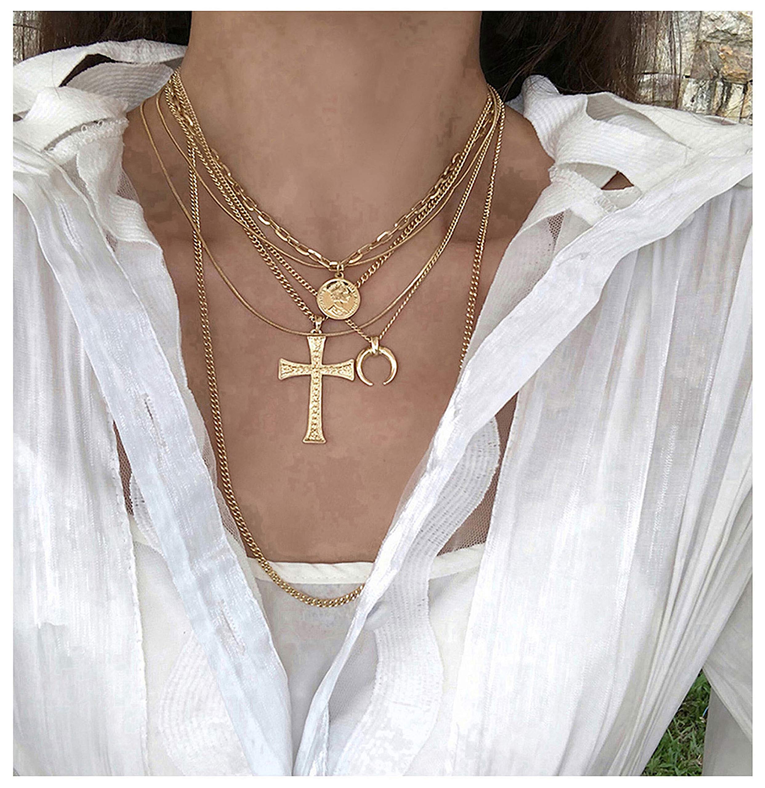 ACC PLANET Gold Layer Necklace Set 6PCS Gold Plated Multilayer Chain Moon Cross Coin Pendant Mother's Day Layered Choker Necklace for Women Gift