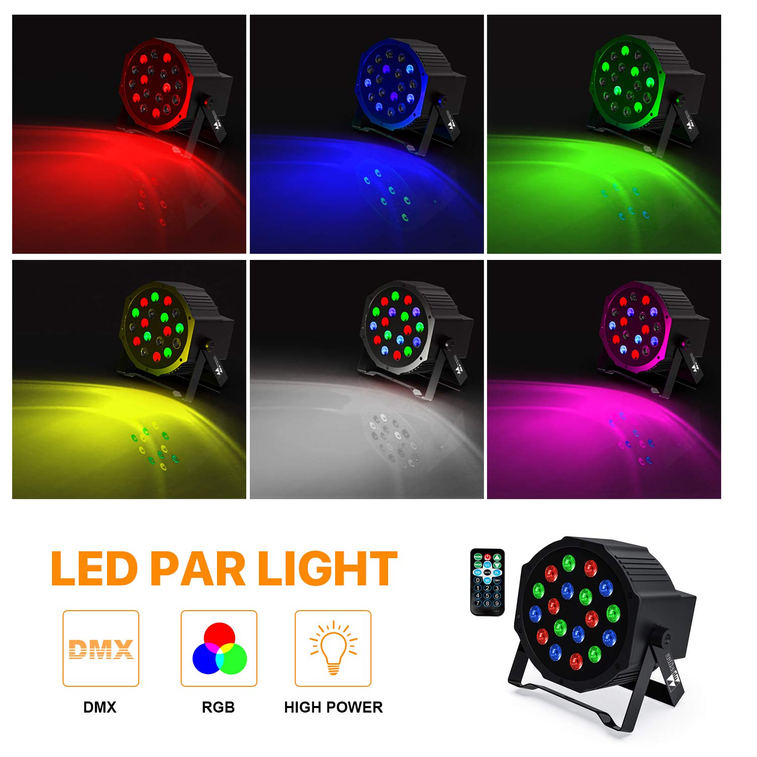 Missyee 18 RGB LED DJ Stage Uplight -DMX Control Sound Activated with Remote Control and 7 Modes LED for Wedding, Events, Christmas and Halloween Music Disco Party -R&D in USA -8 Pack