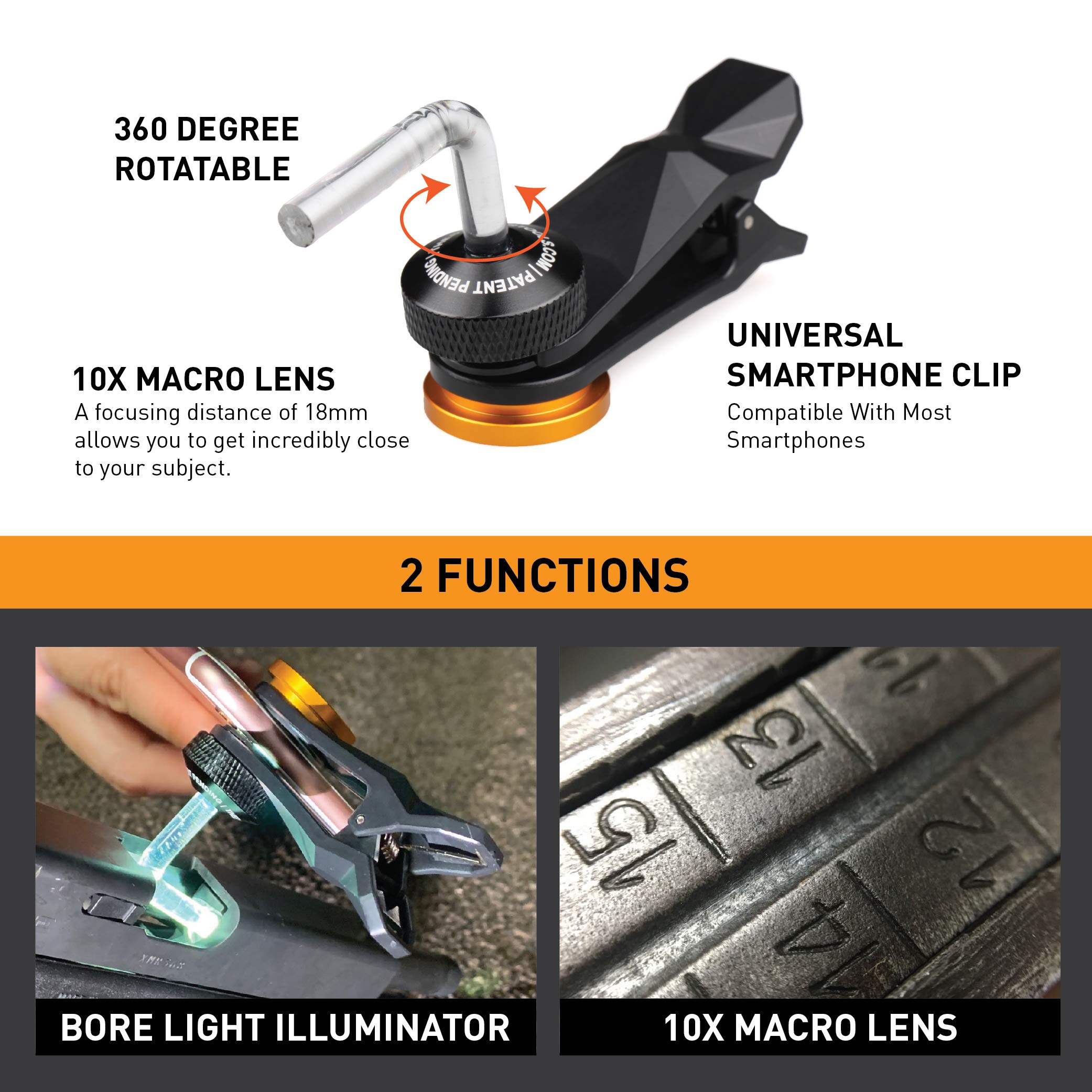 Stinger Clip-On Bore Light Illuminator & Macro Lens: Gun Barrel Light Enhancer by Smartphone Flashlight for Gun Cleaning, Gun Bore Inspection