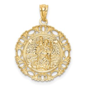 Saint Christopher Figure on Round Pendant with Fancy Border in Real 14k Two-Tone Gold 17mm