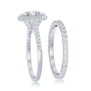 Silvertone Simulated Brilliant Diamond CZ 2.00ct Round Halo Engagement Ring and Band Set (Size 9)