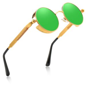 luojery retro round gothic circle steampunk polarized sunglasses metal alloy polarized sun glasses for men women (gold frame green lens, polarized lens & 100% uv400)