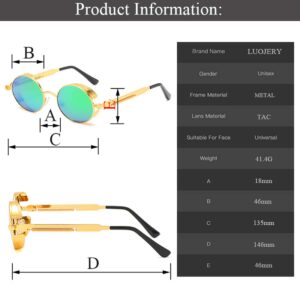 luojery Retro Round Gothic Circle Steampunk Polarized Sunglasses Metal Alloy Polarized Sun glasses for Men Women (Gold Frame Green Lens, POLARIZED LENS & 100% UV400)