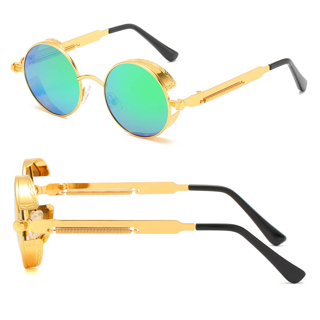 luojery Retro Round Gothic Circle Steampunk Polarized Sunglasses Metal Alloy Polarized Sun glasses for Men Women (Gold Frame Green Lens, POLARIZED LENS & 100% UV400)