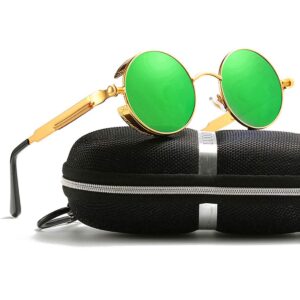 luojery Retro Round Gothic Circle Steampunk Polarized Sunglasses Metal Alloy Polarized Sun glasses for Men Women (Gold Frame Green Lens, POLARIZED LENS & 100% UV400)