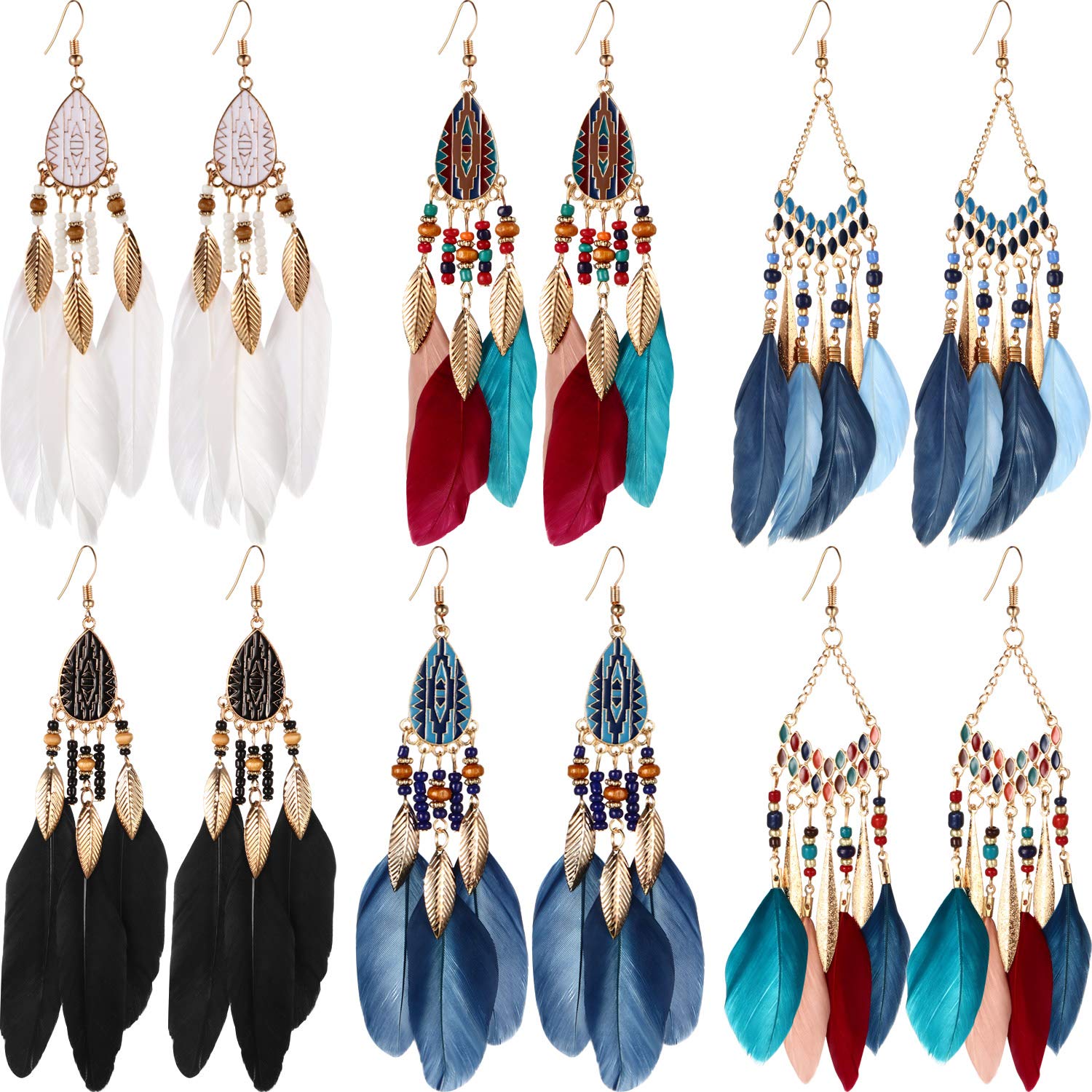 6 Pairs Women Faux Feather Earrings Dream Catcher Earring Bohemian Fringe Tassel Long Drop Dangle Earrings Set with Design for Women (Style 1)