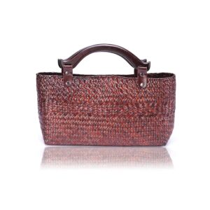 qtkj hand-woven large retro straw handbag bag summer beach boho rattan tote travel bag with wooden top handle (red)