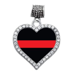 Inspired Silver - Thin Red Line - Firefighter Support Memory Charm for Women - Silver Open Heart Charm for Bracelet with Cubic Zirconia Jewelry