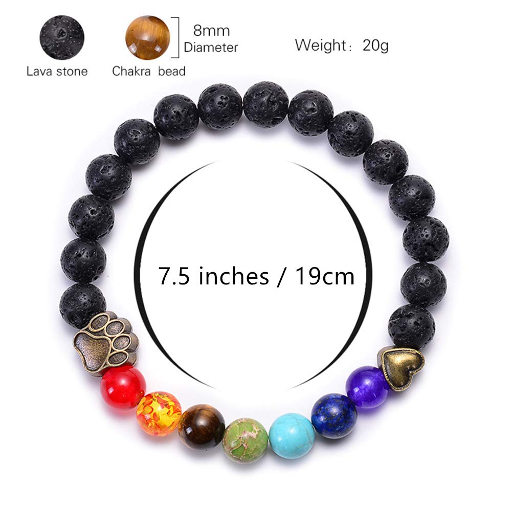 Natural Stone 7 Chakra Dog Paw Charm Lava Rock Mala Beads Elastic Bracelet Yoga Meditation Healing Bangle (Bronze & Silver Dog Paw)