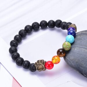 Natural Stone 7 Chakra Dog Paw Charm Lava Rock Mala Beads Elastic Bracelet Yoga Meditation Healing Bangle (Bronze & Silver Dog Paw)