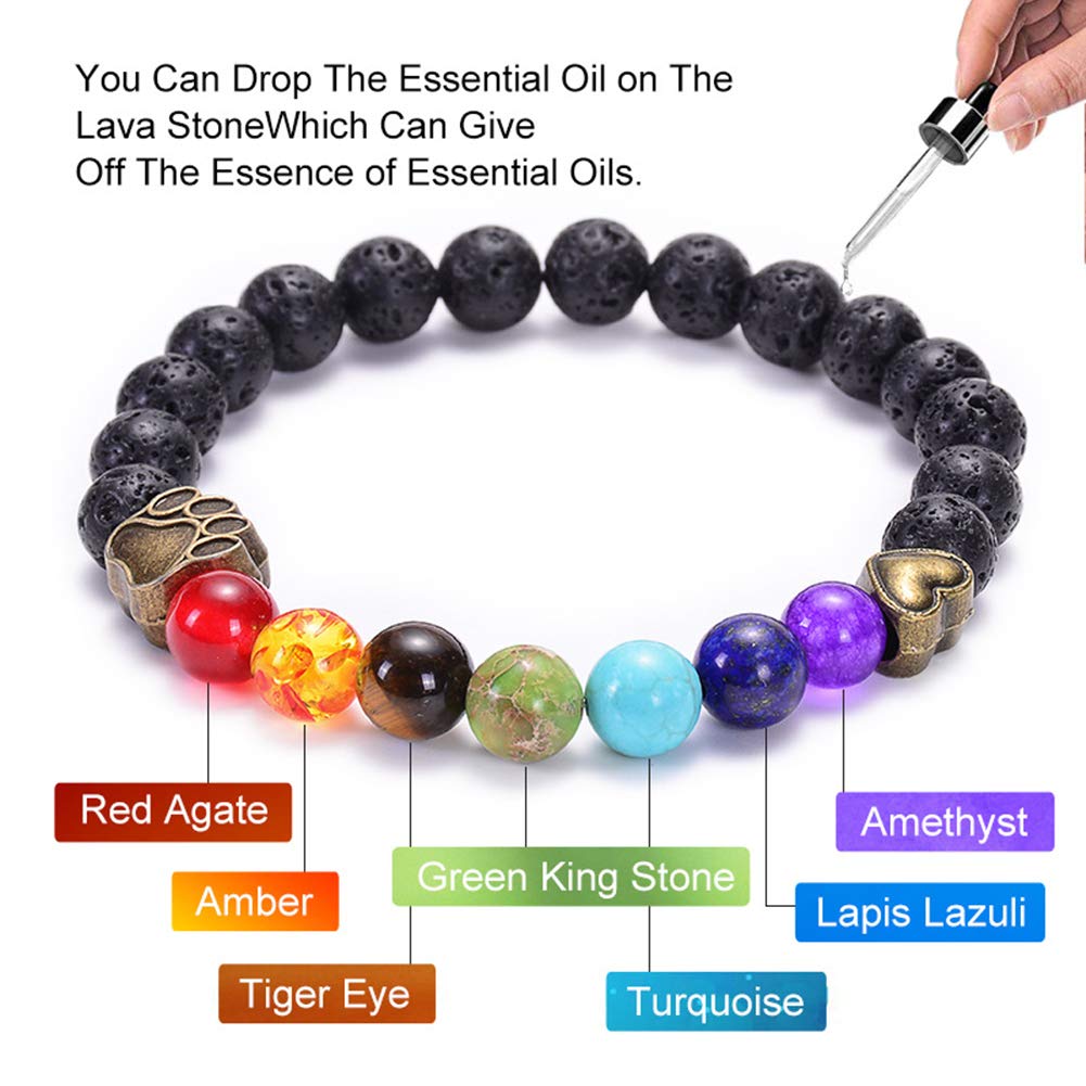 Natural Stone 7 Chakra Dog Paw Charm Lava Rock Mala Beads Elastic Bracelet Yoga Meditation Healing Bangle (Bronze & Silver Dog Paw)