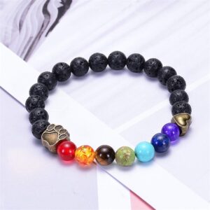 Natural Stone 7 Chakra Dog Paw Charm Lava Rock Mala Beads Elastic Bracelet Yoga Meditation Healing Bangle (Bronze & Silver Dog Paw)