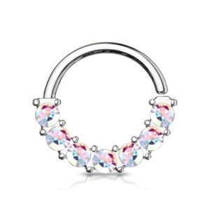 amelia fashion 16 gauge 7 gem front facing set bendable nose ring hoop for nose, eyebrow, ear cartilage all surgical steel (choose color) (aurora borealis)