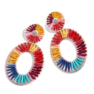 statement rattan raffia hoop drop earrings for women geometric handmade colorful rainbow earring