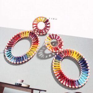 Statement Rattan Raffia Hoop Drop Earrings for Women Geometric Handmade Colorful Rainbow Earring