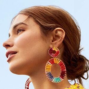 Statement Rattan Raffia Hoop Drop Earrings for Women Geometric Handmade Colorful Rainbow Earring