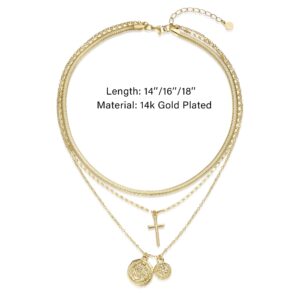 NUZON Gold Layered Necklace for Women 18K Gold Plated Chain Choker Cross Coin Pendant Necklace Simple Cute Jewelry