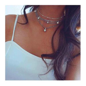 Edary Boho Layered Necklaces Silver Star Choker Necklace Crystal Pendant Chain Jewelry Accessories for Women (Style A)