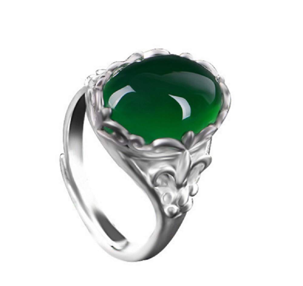 Duan 925 Sterling Silver Green Agate Crystal Ring Emerald Vintage Inlaid Chalcedony Index Finger Opening Adjustable Female Ring