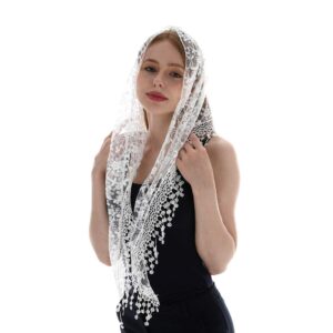 LMVERNA Cathedral Veil Triangle Shape Veil Fringe Lace for Mass Wedding Bridesmaids (White)